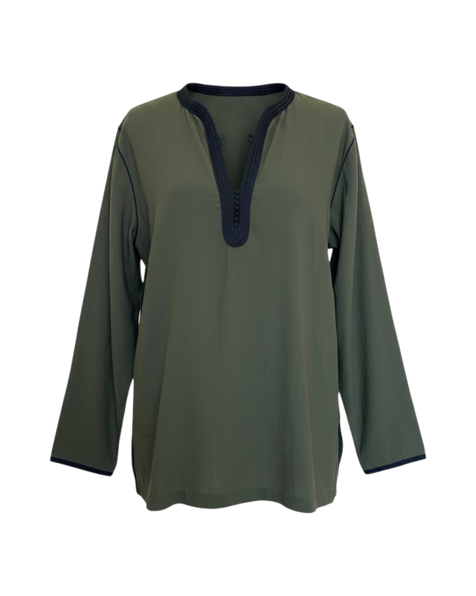 Kurta in khaki linen with black collar