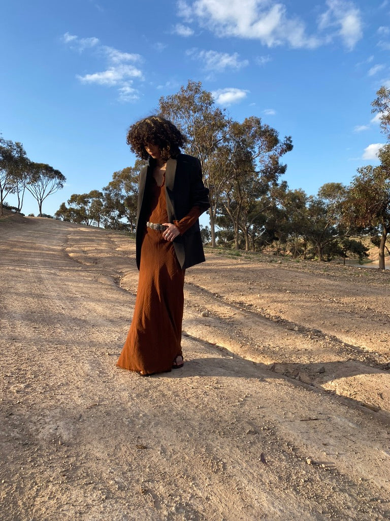 Robe longue en crêpe de coton Camel
