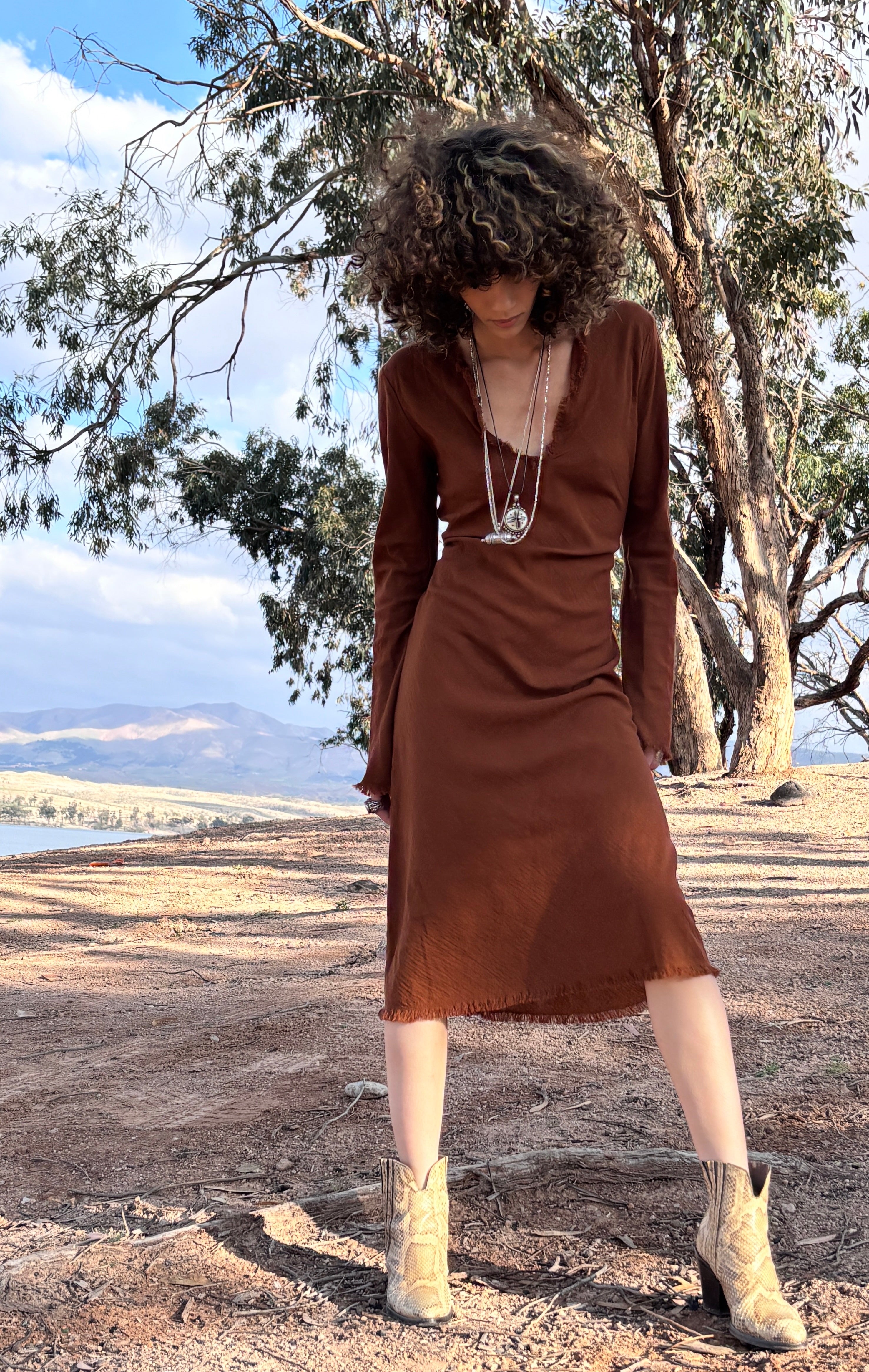 Robe en biais longueur genoux Camel