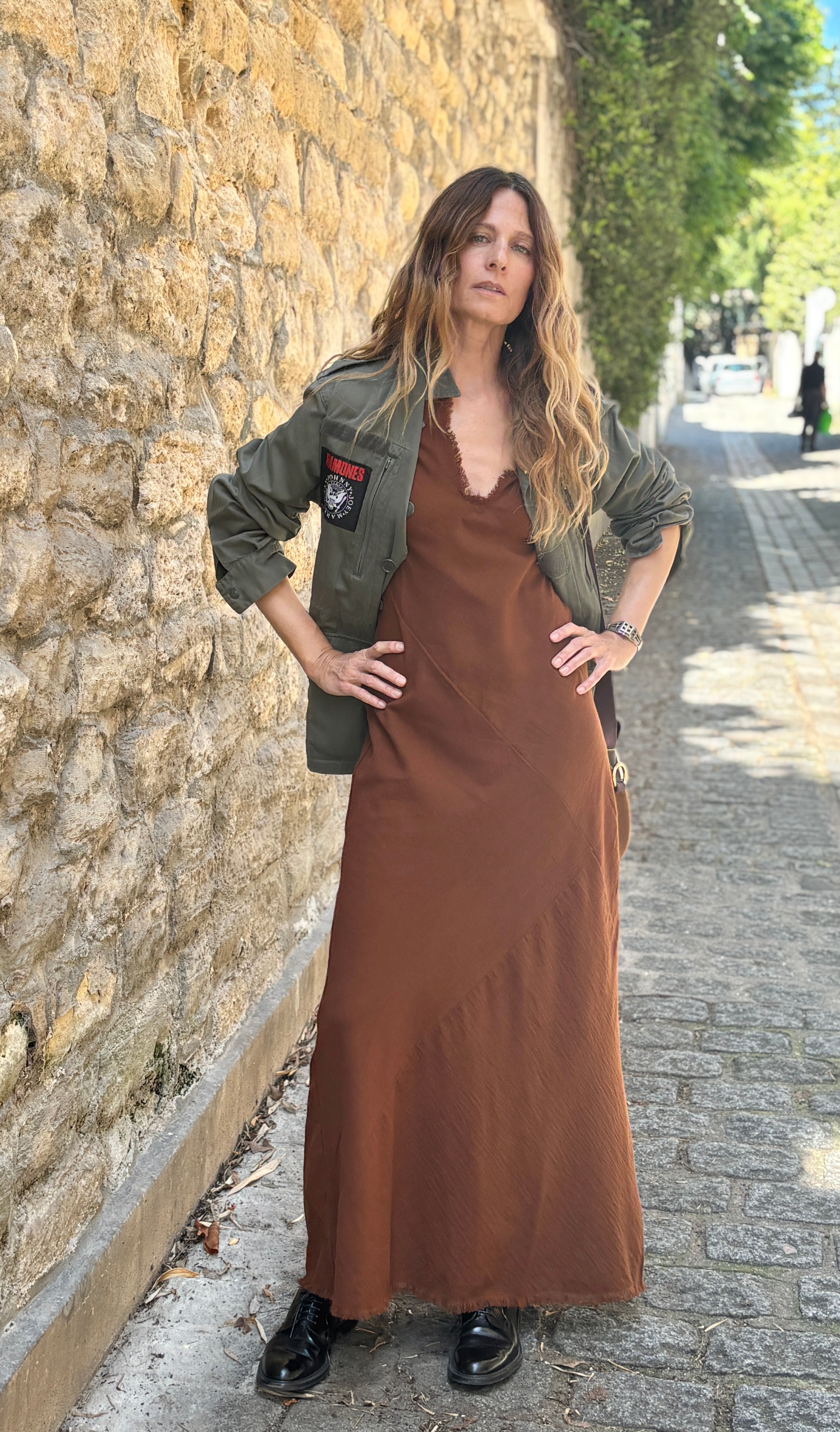 Robe longue en crêpe de coton Camel