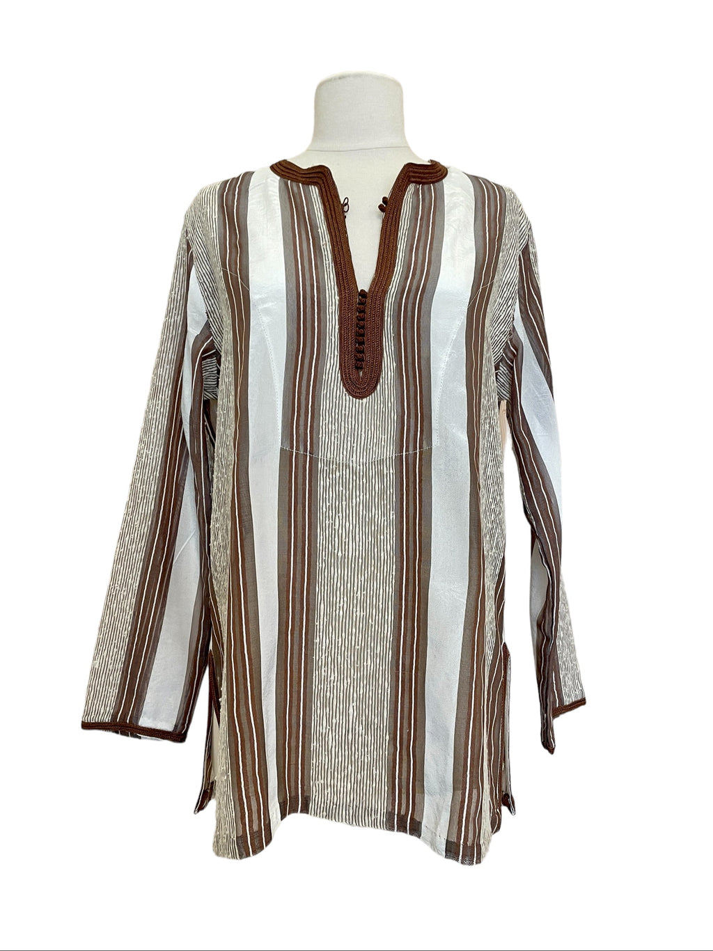 Kurta rayé marron-écru - col marron