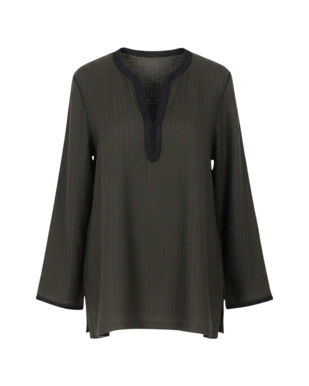 Kurta coton et lin motif chevron kaki - Col Noir