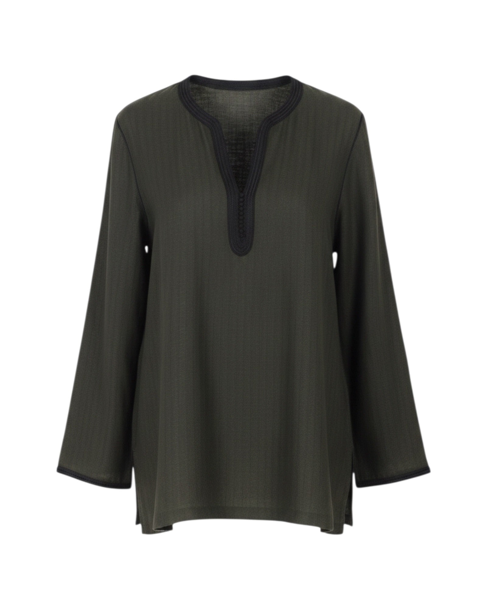 Kurta coton et lin motif chevron kaki - Col Noir
